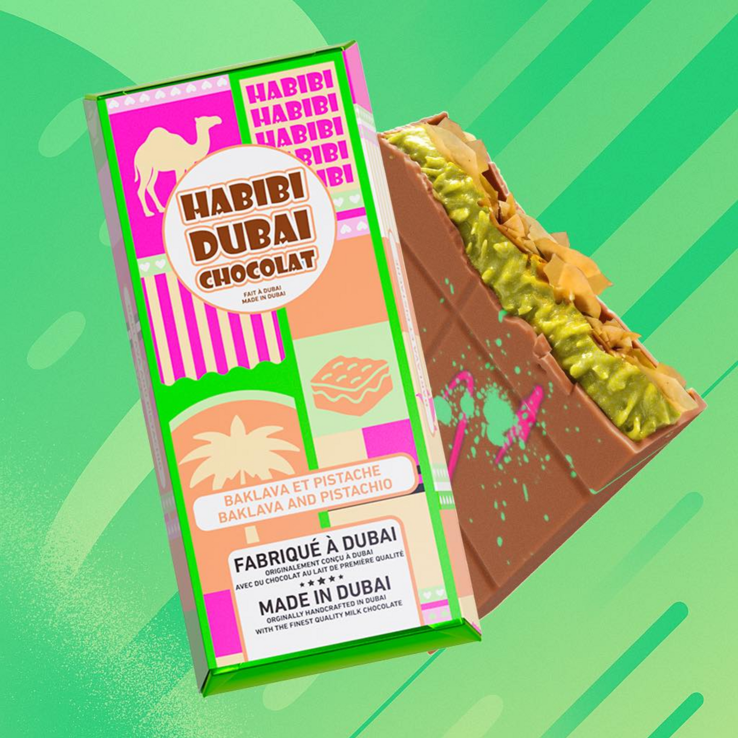 Chocolat de Dubaï - Habibi - Baklava & Pistache (10x200g) (MINIMUM DE 2 CAISSES AU CHOIX)